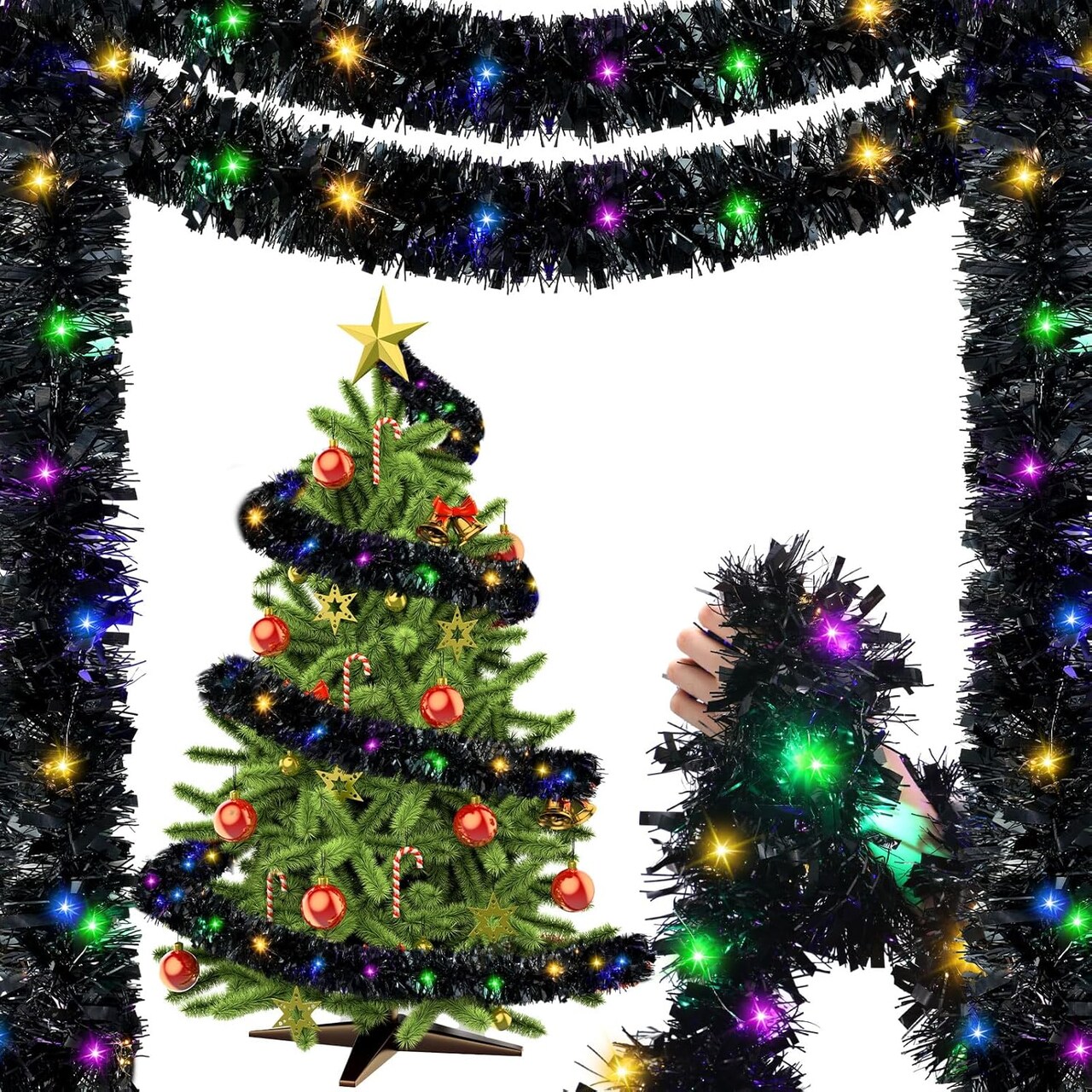 99 ft Total 3 Pcs Christmas Pre Lighted Tinsel Garland (Black)
